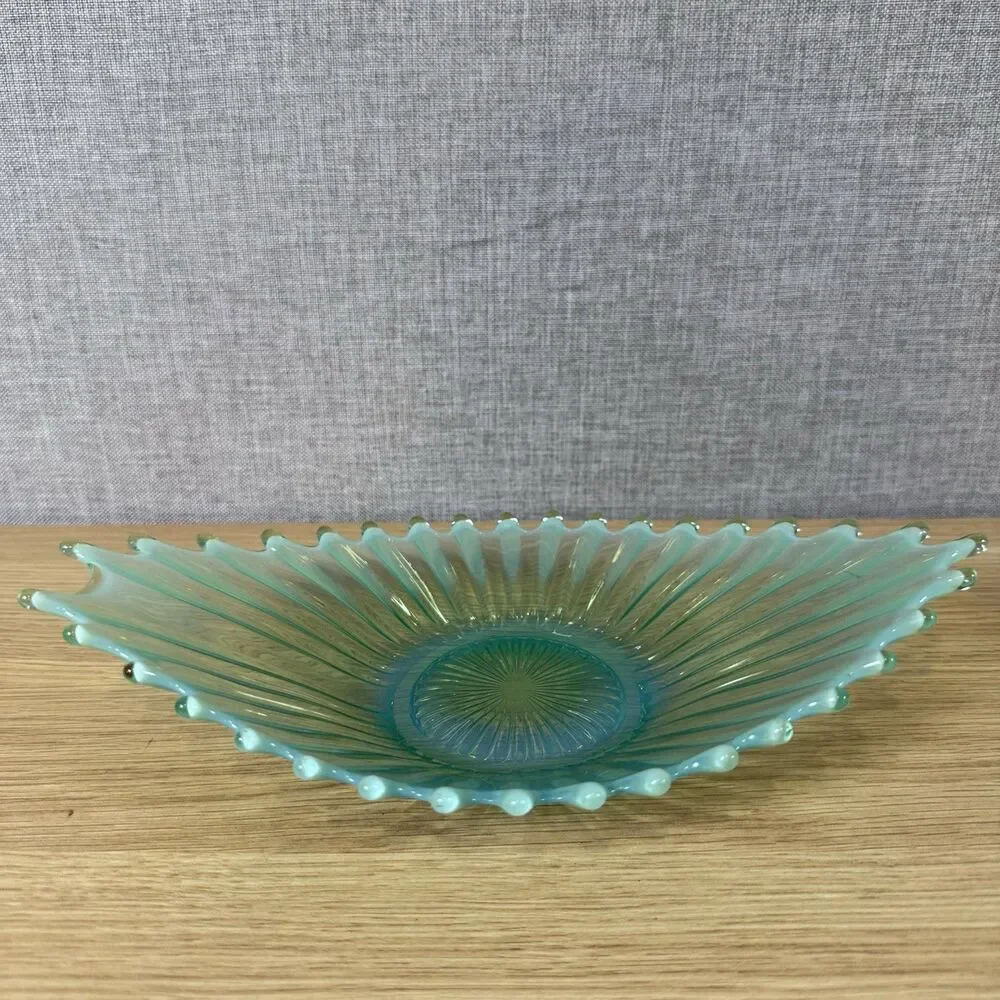 Vtg Fostoria Heirloom Aqua Opalescent Oblong Flared Art Glass Bowl MCM 13